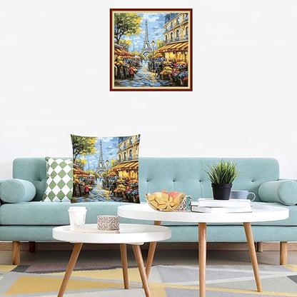Lovxvouy Pillow Cross Stitch Kits for Adults Beginners-Preprinted Needlepoint Kit Stamped Crossstitching Kits 11CT Cross-Stitch Kit Stitches Kit Embroidery Kits-Street Market Eiffel Tower 18x18 inchs