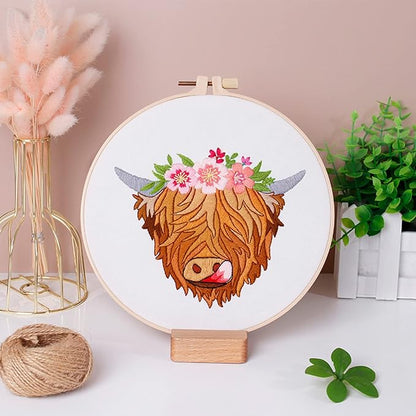 Louise Maelys Highland Cow Stamped Embroidery Kits for Beginners, Cross Stitch kit for Adults Include Instruction,Cloth,Hoop, Needles, Color Threads