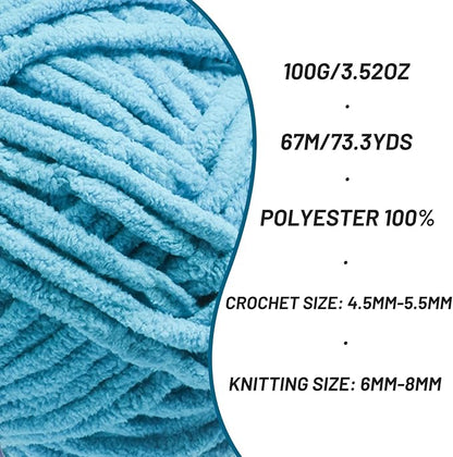 Chunky Chenille Yarn for Crocheting，Baby Yarn for Crocheting Soft Blankets，Bulky Yarns for Crochet Amigurumi，2×100g (2×74.3yds) Fluffy Velvet Yarns for Hand Knitting (2 Blue)
