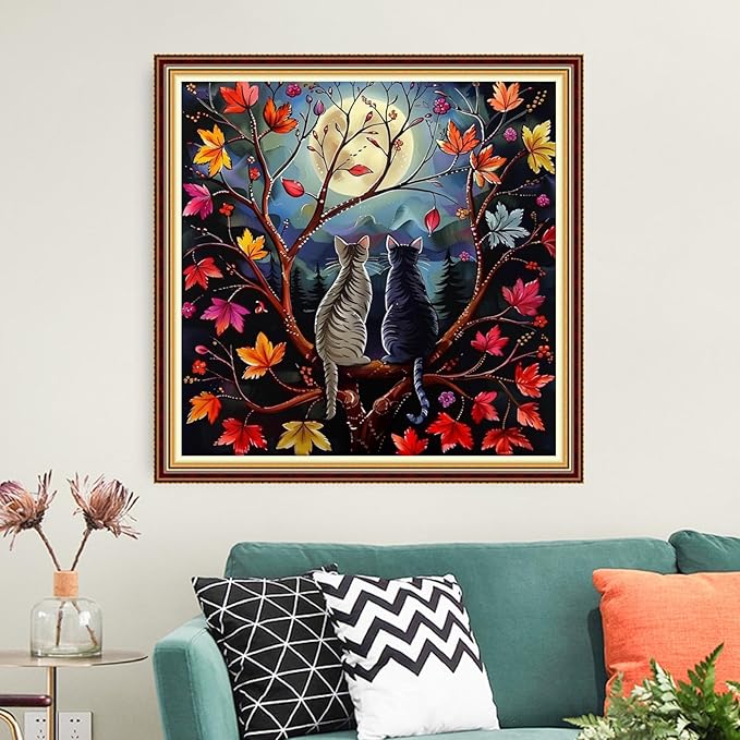 Funart Stamped Cross Stitch Kits for Beginners Full Range of Cross Stitching Preprinted Embroidery Kits for Adults, 11CT Embroidery Pattern Needlepoint Kits-Cats Admiring Moon 18x18 inchs