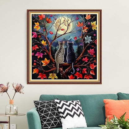 Funart Stamped Cross Stitch Kits for Beginners Full Range of Cross Stitching Preprinted Embroidery Kits for Adults, 11CT Embroidery Pattern Needlepoint Kits-Cats Admiring Moon 18x18 inchs