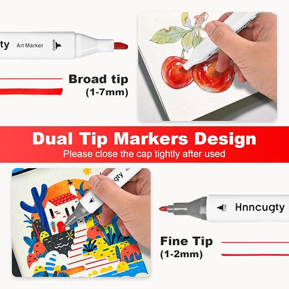 Hnncugty Alcohol Markers Set 60 Colors, Dual Tips Coloring Art Markers Set with Case & Holders, Chisel & Fine Artist Sketch Pens Art Supplies for Adult Coloring Books, Drawing, Painting, Sketching