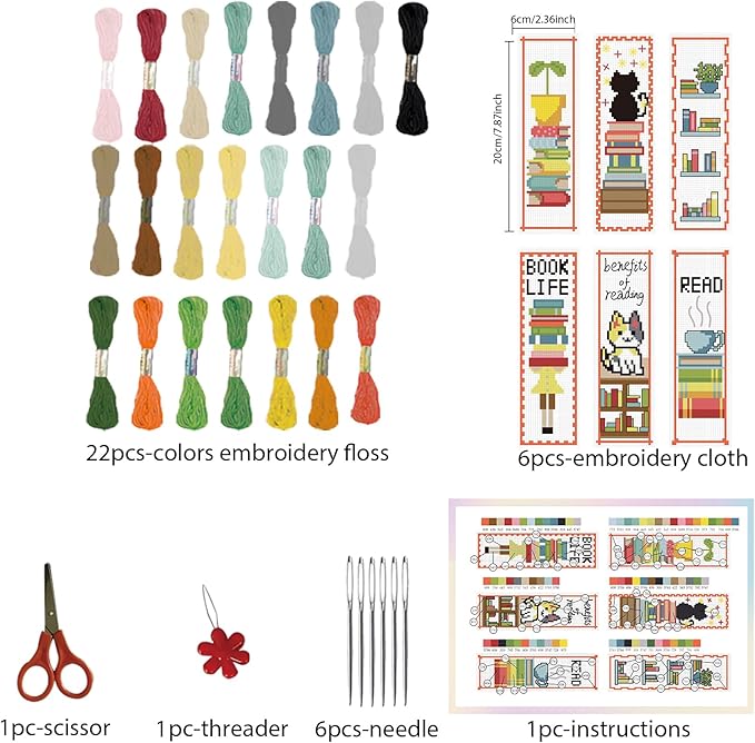 FREEBLOSS 6 Set Cross Stitch Bookmark Kit Cross Stitch Kit Cute Stamped Embroidery Bookmark with Instruction for Adults DIY Stitching Kits 8''x2.4''