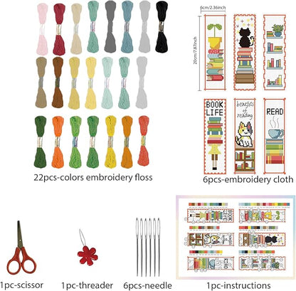 FREEBLOSS 6 Set Cross Stitch Bookmark Kit Cross Stitch Kit Cute Stamped Embroidery Bookmark with Instruction for Adults DIY Stitching Kits 8''x2.4''