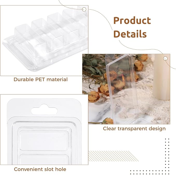 50 Pcs Wax Melt Containers, 5-Cavity Wax Melt Clamshell Molds, Clear Empty Plastic Wax Melt Molds for DIY, Crafts Tarts Candles Making Supplies