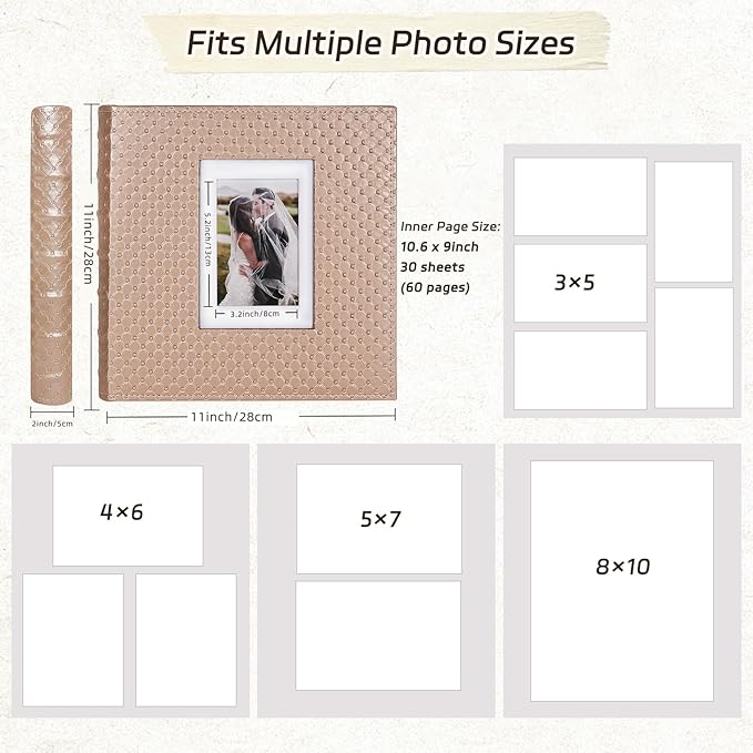 RECUTMS Photo Album Self Adhesive Photo 4x6 5x7 8x10 Sizes Handmade Scrapbook Photo Album 30 Pages Button Grain Leather Picture Album Baby Family Wedding Anniversary Photos Book (Brown)
