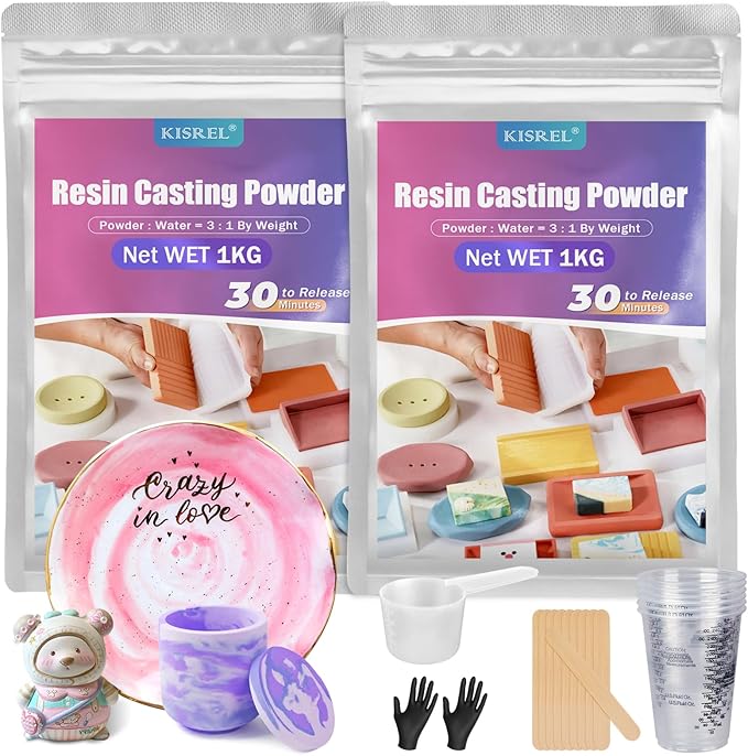 Resin Casting Powder 2000g (Packaging Upgrade), 20~30 Minutes Demold, Water Activated Plaster Powder for Craft Casting, Easy Mixing and Self Leveling