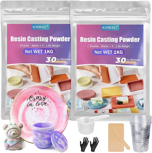 Resin Casting Powder 2000g (Packaging Upgrade), 20~30 Minutes Demold, Water Activated Plaster Powder for Craft Casting, Easy Mixing and Self Leveling