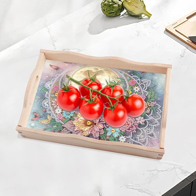 JISHSHAY Diamond Art Serving Tray Diamond Painting Food Tray Gem Art Serving Platter Gem Painting Mosaic Kits for Adults DIY Kits for Adults, with Wood Handle 20×30cm/7.87×11.81in, Moon Flower