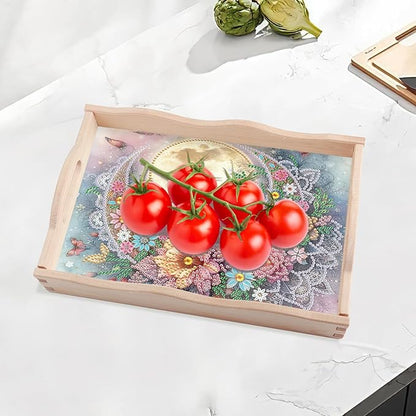 JISHSHAY Diamond Art Serving Tray Diamond Painting Food Tray Gem Art Serving Platter Gem Painting Mosaic Kits for Adults DIY Kits for Adults, with Wood Handle 20×30cm/7.87×11.81in, Moon Flower