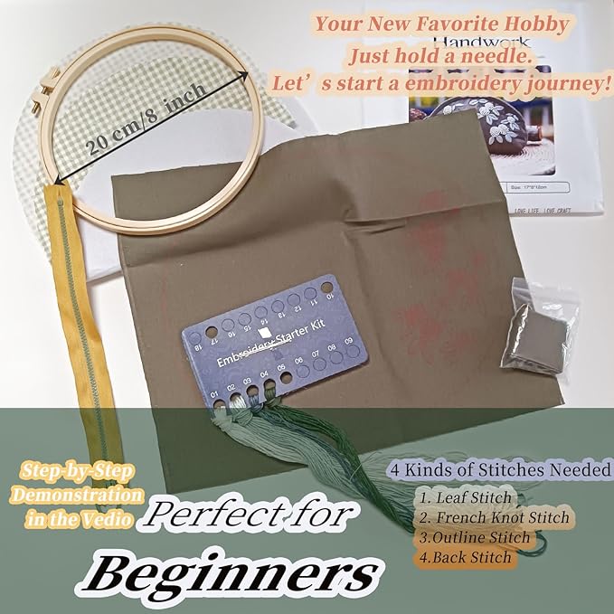 FONNUY Embroidery Kit Makeup Bag for Beginners, Flowers Pre-Stamped Pattern Handbag Coin Purses Making Kits for Adults with Hoop, Easy to Follow Color Thread Needlework (Grey)