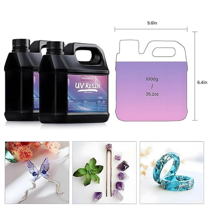 UV Resin 2000g, Crystal Clear Hard Ultraviolet Epoxy Resin Glue, Low Odor Transparent Solar Cure Sunlight Activated Resin for Jewelry Making, DIY Craft Decoration, Mold, Casting and Coating