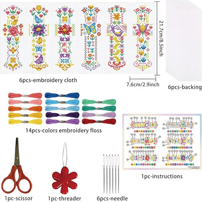 ORIGACH 6 Pcs Cross Stitch Bookmark Kit for Beginner Adults, Spring Flowers Stamped Embroidery Bookmark Kit with Instruction for Starters for Book Lovers