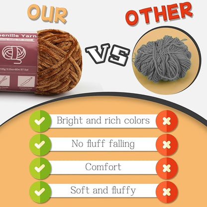 LUNARM 18 Skeins Chenille Yarn for Crocheting, Handmake Weaving Thick Soft Chunky Yarn for Blankets Clothes Crochet Craft with Crochet Hooks Needles Stitch Markers,3.53oz/Skein(Brown Series)