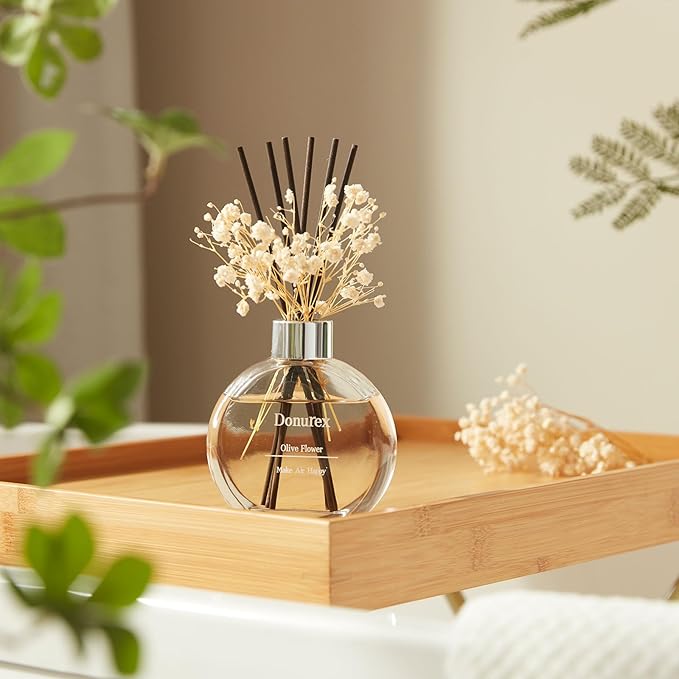Donurex Flower Reed Diffuser Set 5.07oz Olive Flower Scent Diffuser with Sticks Home Fragrance Reed Diffuser for Bathroom Shelf Decor