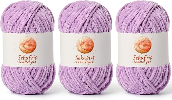 3 Pack Light Purple Chunky Chenille Yarn for Crocheting, Bulky Velvet Yarns for Crochet, Baby Yarn for Crocheting Soft Blanket, 393 yds/10.5 oz Fluffy Amigurumi Crochet Yarn