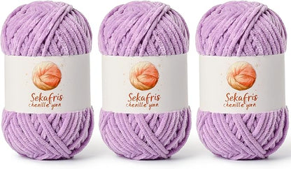 3 Pack Light Purple Chunky Chenille Yarn for Crocheting, Bulky Velvet Yarns for Crochet, Baby Yarn for Crocheting Soft Blanket, 393 yds/10.5 oz Fluffy Amigurumi Crochet Yarn