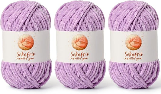 3 Pack Light Purple Chunky Chenille Yarn for Crocheting, Bulky Velvet Yarns for Crochet, Baby Yarn for Crocheting Soft Blanket, 393 yds/10.5 oz Fluffy Amigurumi Crochet Yarn