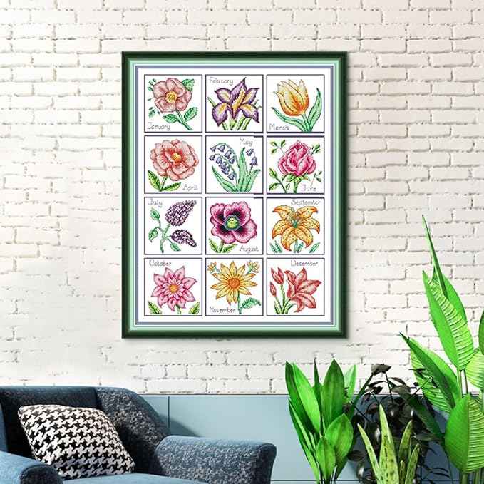 Qeerysew Cross Stitch Kits Stamped Full Range of Embroidery Starter Kits for Beginners DIY- Printed kit Year-Round Flowers(Printed) 14CT17.7x22inches
