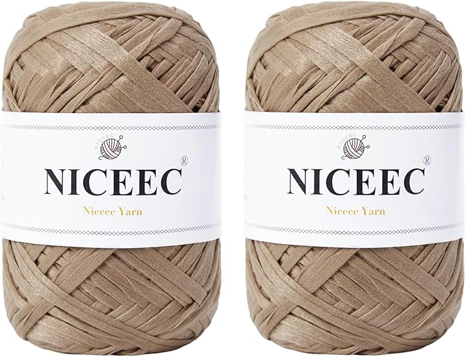 NICEEC 2 Skeins Soft Tape for Crocheting, Craft Paper, Easy Crochet Raffia, Ribbon, DIY Craft Gift Wrapping - Total Length 1.76oz2/109yds2 - Khaki