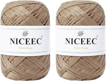 NICEEC 2 Skeins Soft Tape for Crocheting, Craft Paper, Easy Crochet Raffia, Ribbon, DIY Craft Gift Wrapping - Total Length 1.76oz2/109yds2 - Khaki
