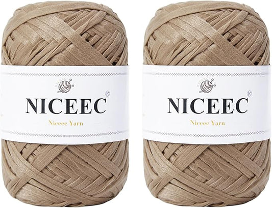 NICEEC 2 Skeins Soft Tape for Crocheting, Craft Paper, Easy Crochet Raffia, Ribbon, DIY Craft Gift Wrapping - Total Length 1.76oz2/109yds2 - Khaki
