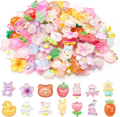 120Pcs Slime Charms Cute Set Mixed Colors Flatback Resin Charm Kawaii Embellishments for DIY Crafts Bulk Assorted Ornament Making kit Accessories for Phone Junk Cases Scrapbooking Decorations