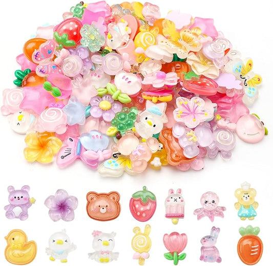 120Pcs Slime Charms Cute Set Mixed Colors Flatback Resin Charm Kawaii Embellishments for DIY Crafts Bulk Assorted Ornament Making kit Accessories for Phone Junk Cases Scrapbooking Decorations
