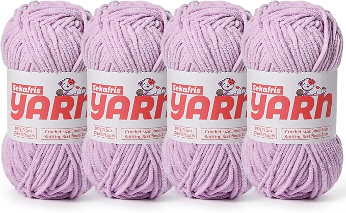 4 Pack Plush Chunky Chenille Yarn for Crocheting, Soft Fluffy Velvet Yarn for Crocheting Amigurumi, Fuzzy Baby Blanket Knitting 400g/524yds Bulky(4 Light Purple)