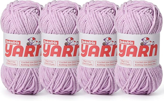 4 Pack Plush Chunky Chenille Yarn for Crocheting, Soft Fluffy Velvet Yarn for Crocheting Amigurumi, Fuzzy Baby Blanket Knitting 400g/524yds Bulky(4 Light Purple)