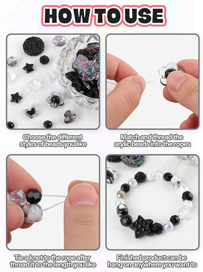150PCS Acrylic Pastel Beads for Jewelry Making, Kalolary Black Bow Butterfly Flower Bead Kawaii Plastic Heart Bead Cute Macaroon Aesthetic Beads for Bracelet Necklace DIY (Black)