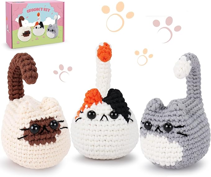 Cat Crochet Kit for Beginners-3PCS Cats Crochet Kits for Adults, Crochet Starter Kit with Step-by-Step Video Tutorials,Crochet Animal Kits Knitting Kit DIY Craft Learn to Crochet Kits for Adults