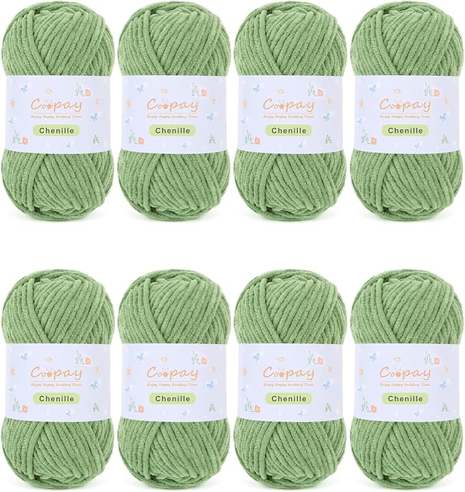 Coopay Chenille Yarn for Crocheting/Knitting, 8 Pack Medium Worsted Weight Yarn of 50g/1.76oz - Total 520yd, Soft Velvet Crochet Yarns for Plush Toys, Baby Blankets, Scarves (Green)