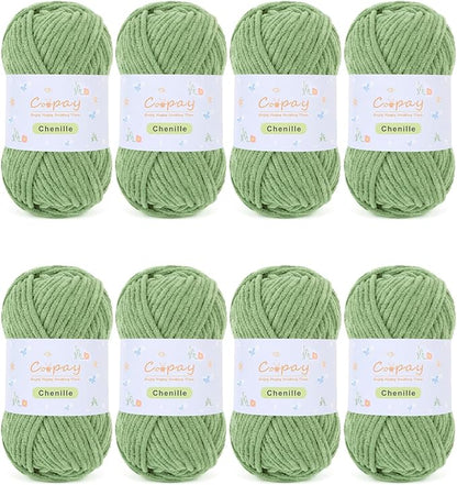 Coopay Chenille Yarn for Crocheting/Knitting, 8 Pack Medium Worsted Weight Yarn of 50g/1.76oz - Total 520yd, Soft Velvet Crochet Yarns for Plush Toys, Baby Blankets, Scarves (Green)