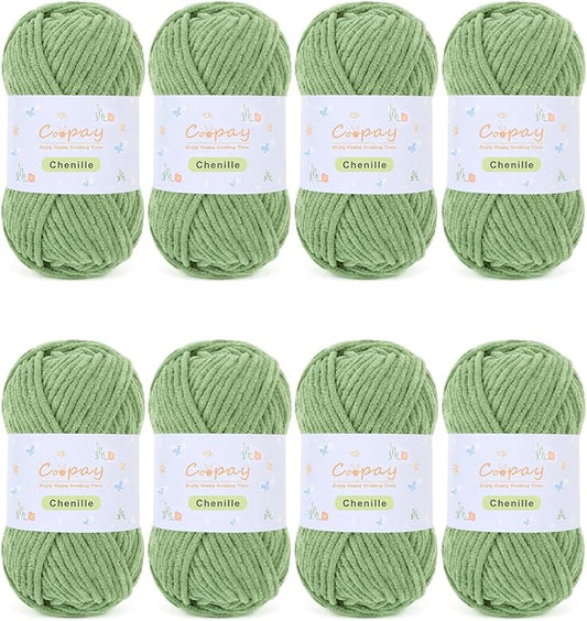 Coopay Chenille Yarn for Crocheting/Knitting, 8 Pack Medium Worsted Weight Yarn of 50g/1.76oz - Total 520yd, Soft Velvet Crochet Yarns for Plush Toys, Baby Blankets, Scarves (Green)