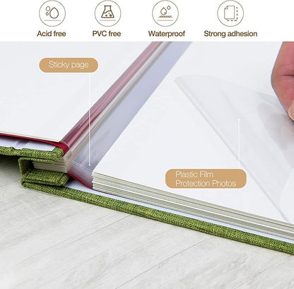 potricher Large Photo Album Self Adhesive 4x6 5x7 8x10 Pictures Linen Cover 80 Blank Pages Magnetic DIY Scrapbook Albums with A Metallic Pen (Green)