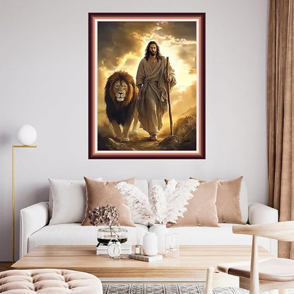 Fanxvivy Stamped Cross Stitch Kits for Beginners Full Range of Cross Stitching Preprinted Embroidery Kits for Adults, 11CT Embroidery Pattern Needlepoint Kits-Jesus and The Lion 16x20 inch