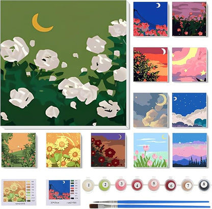 Nezyo 12 Sets Paint by Numbers Kit with Frame for Adult Beginners, Paint by Number DIY Acrylic Painting Canvas for Painting Party, Classroom Activity Birthday Gift, 8 x 8 Inch