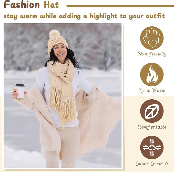Maasechs Knitting Kit for Beginners, Learn to Knit Kit for Adults, Complete Hat, Scarf, Gloves Starter Bundle with Step-by-Step Instructions Includes Wool Yarn, Needles & Accessories(Light Khaki)