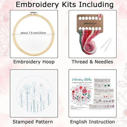 Nuberlic Embroidery Kit for Beginners -Floral Easy Embroidery Kits for Adults Starter Cross Stitch Kit DIY Needlepoint with Step-by-Step Instruction
