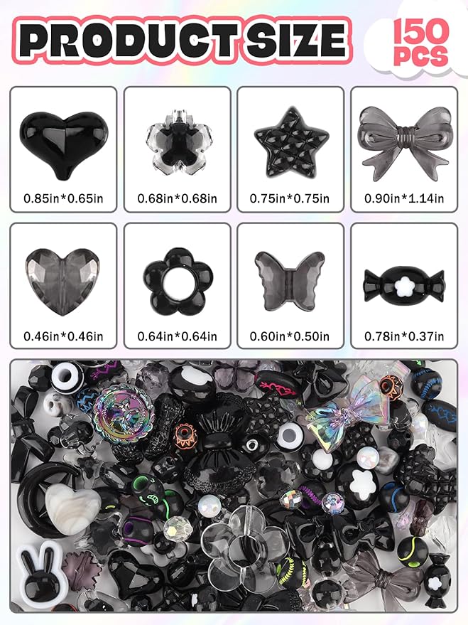 150PCS Acrylic Pastel Beads for Jewelry Making, Kalolary Black Bow Butterfly Flower Bead Kawaii Plastic Heart Bead Cute Macaroon Aesthetic Beads for Bracelet Necklace DIY (Black)