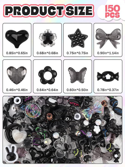 150PCS Acrylic Pastel Beads for Jewelry Making, Kalolary Black Bow Butterfly Flower Bead Kawaii Plastic Heart Bead Cute Macaroon Aesthetic Beads for Bracelet Necklace DIY (Black)