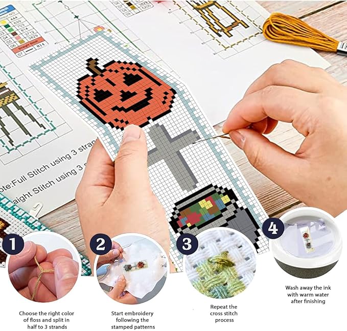 FREEBLOSS 6 Set Cross Stitch Bookmark Kit Halloween Embroidery Bookmarks Stamped Embroidery Bookmark with Instruction Counted Cross Stitch Kit for Gift Adults 8''x2.4''
