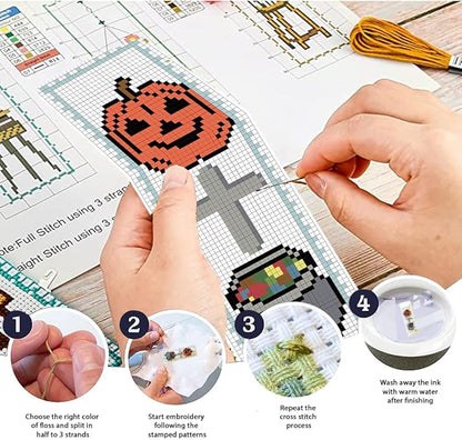 FREEBLOSS 6 Set Cross Stitch Bookmark Kit Halloween Embroidery Bookmarks Stamped Embroidery Bookmark with Instruction Counted Cross Stitch Kit for Gift Adults 8''x2.4''