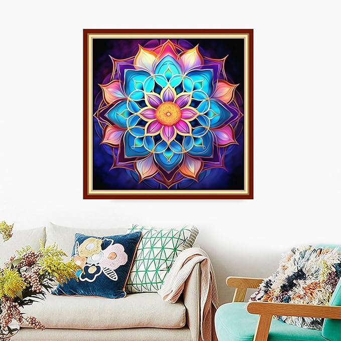 Foxdiviy Stamped Cross Stitch Kits Full Range of Embroidery Needlework Starter Kits for Beginners Adults 11CT Embroidery Patterns Art Crafts DIY Needlepoint Kits-Colorful Mandala 18x18 inch