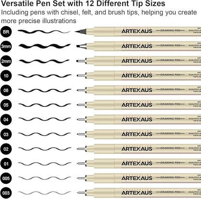 Micro Fineliner Drawing Art Pens, 12 Assorted Sizes, Waterproof Archival Ink, Art Supplies for Adults Sketching, Calligraphy, Technical Illustrators.