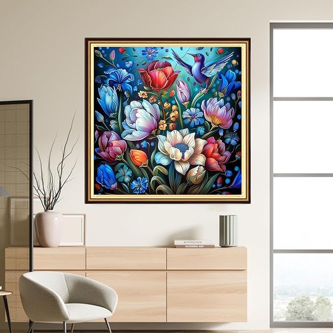 DMCVIVR Stamped Cross Stitch Kits for Adults Beginners Embroidery Kits 11CT Needlepoint Kits Cross Stitch Patterns Embroidery Patterns-Colorful Flowers and Birds 18x18 inch