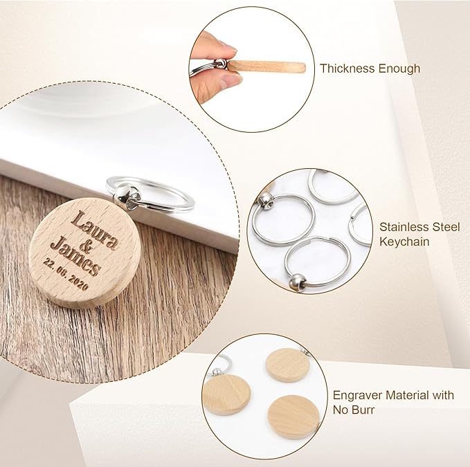 100Pcs Blank Wooden Keychain Set, 1.5 inch Round Engraving Blanks Key Chain Unfinished Key Rings Tag for DIY Crafts Gift Accessories, Pet Tags
