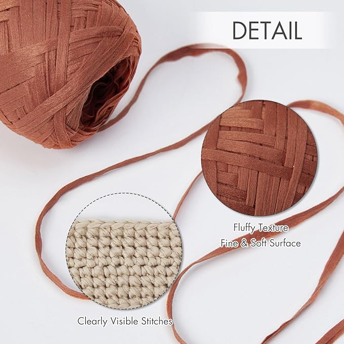 NICEEC 2 Skeins Soft Tape Yarn for Crocheting Craft Paper Yarn Easy Crochet Raffia Yarn Ribbon Yarn for DIY Craft Gift Wrapping Total Length 1.76oz×2/109yds×2-Caramel