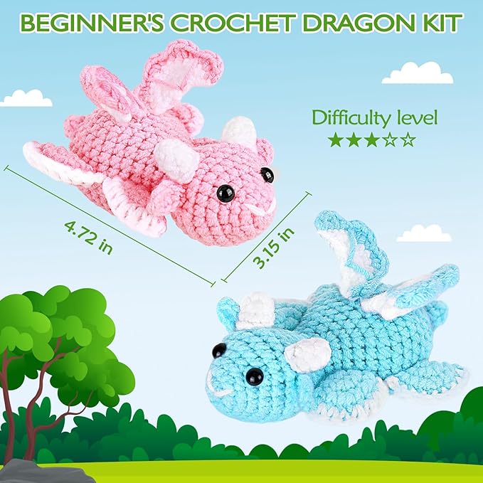 Crochet Kit for Beginners, Beginner Crochet Kit for Adults with Step-by-Step Video Tutorials, DIY Crochet Animal Kits Knitting Supplies, 2 Pack Dragon (40%+ Yarn)